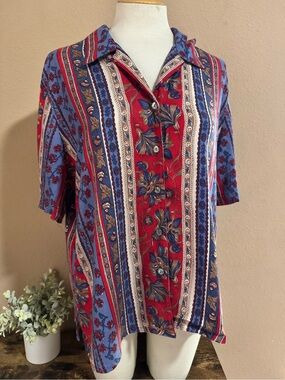 TanJay Red & Blue Floral Stripe Button-Down Top